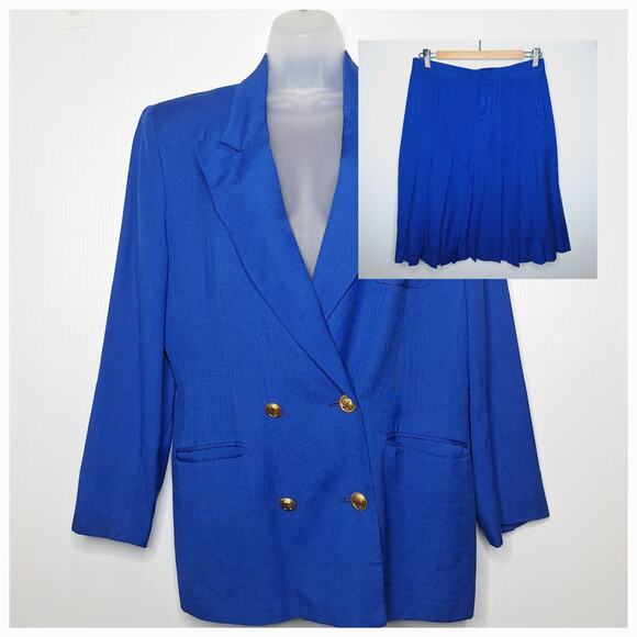 Vintage Christian Dior Skirt Suit 12 Fits Medium Pleated Double Breasted Cobalt - Picture 1 of 16